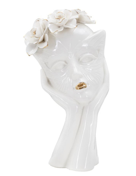 Vase original Femme avec Fleurs Rond Hauteur 27 cm en Porcelaine Blanc Doré Woman Mask 