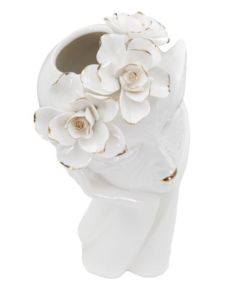 Vase original Femme avec Fleurs Rond Hauteur 27 cm en Porcelaine Blanc Doré Woman Mask 