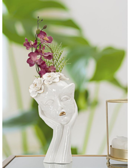 Vase original Femme avec Fleurs Rond Hauteur 27 cm en Porcelaine Blanc Doré Woman Mask 