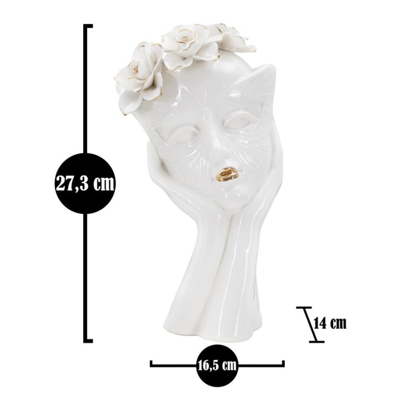 Vase original Femme avec Fleurs Rond Hauteur 27 cm en Porcelaine Blanc Doré Woman Mask 