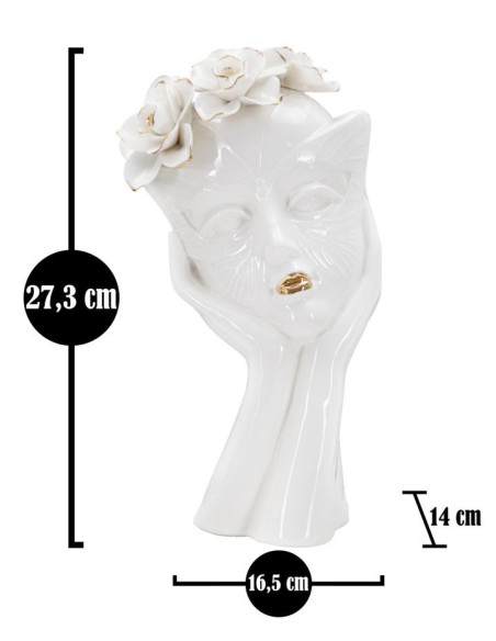 Vase original Femme avec Fleurs Rond Hauteur 27 cm en Porcelaine Blanc Doré Woman Mask 