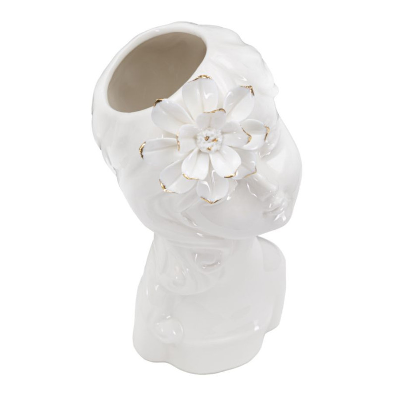 Vase original Fillette avec fleur Rond Hauteur 24 cm en Porcelaine Blanc Doré Young Lady 