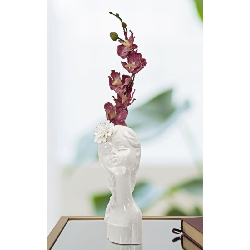 Vase original Fillette avec fleur Rond Hauteur 24 cm en Porcelaine Blanc Doré Young Lady 