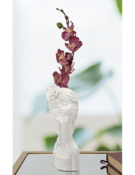 Vase original Fillette avec fleur Rond Hauteur 24 cm en Porcelaine Blanc Doré Young Lady 