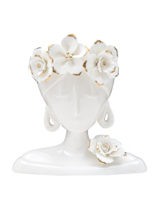 Vase original Femme avec Fleurs Rond Hauteur 21 cm en Porcelaine Blanc Doré Young Woman 