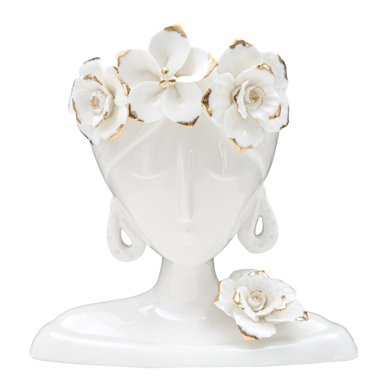 Vase original Femme avec Fleurs Rond Hauteur 21 cm en Porcelaine Blanc Doré Young Woman 