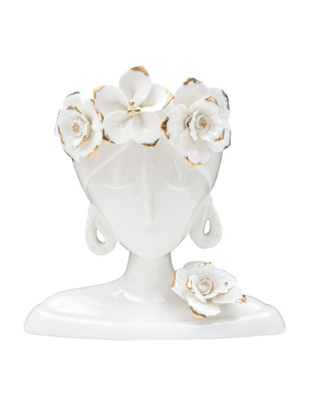 Vase original Femme avec Fleurs Rond Hauteur 21 cm en Porcelaine Blanc Doré Young Woman 
