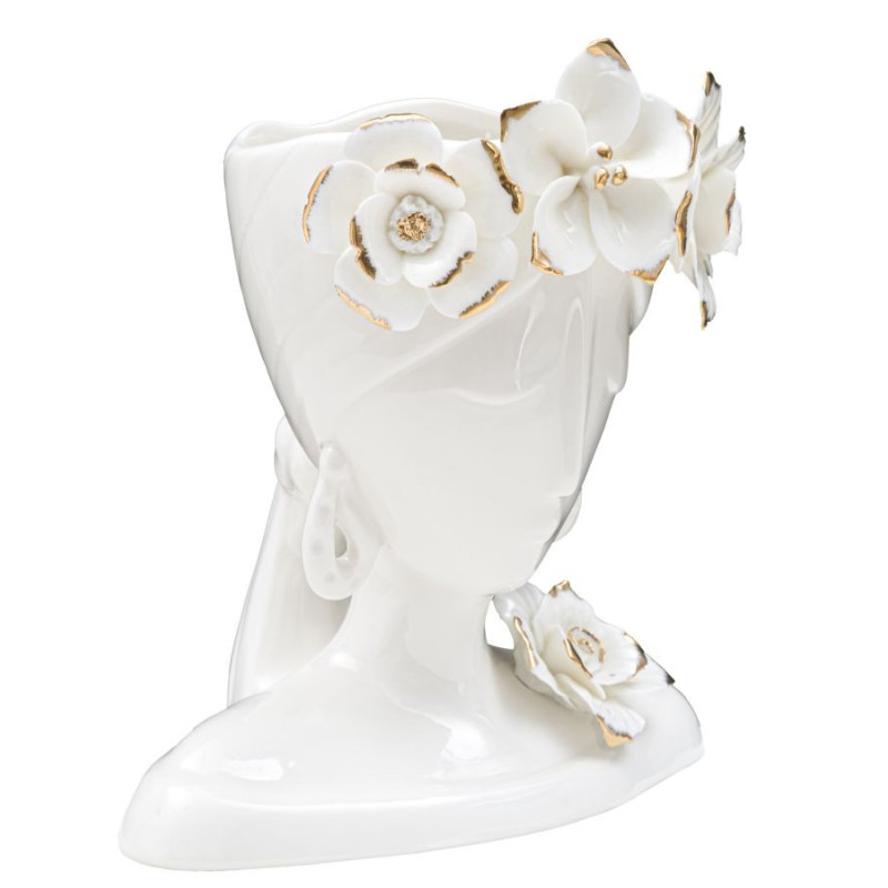 Vase original Femme avec Fleurs Rond Hauteur 21 cm en Porcelaine Blanc Doré Young Woman 