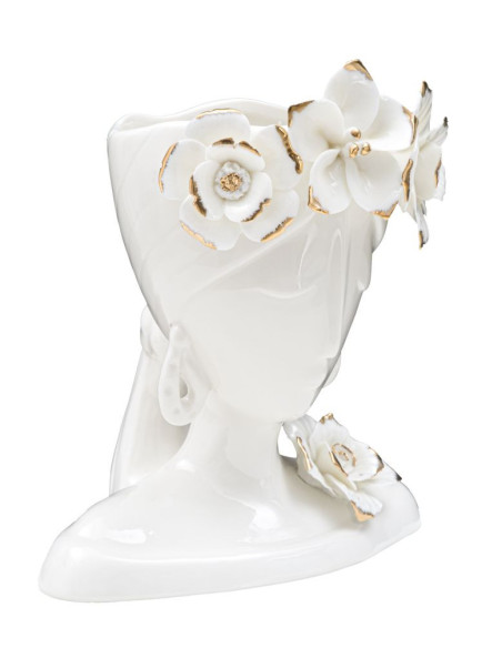Vase original Femme avec Fleurs Rond Hauteur 21 cm en Porcelaine Blanc Doré Young Woman 