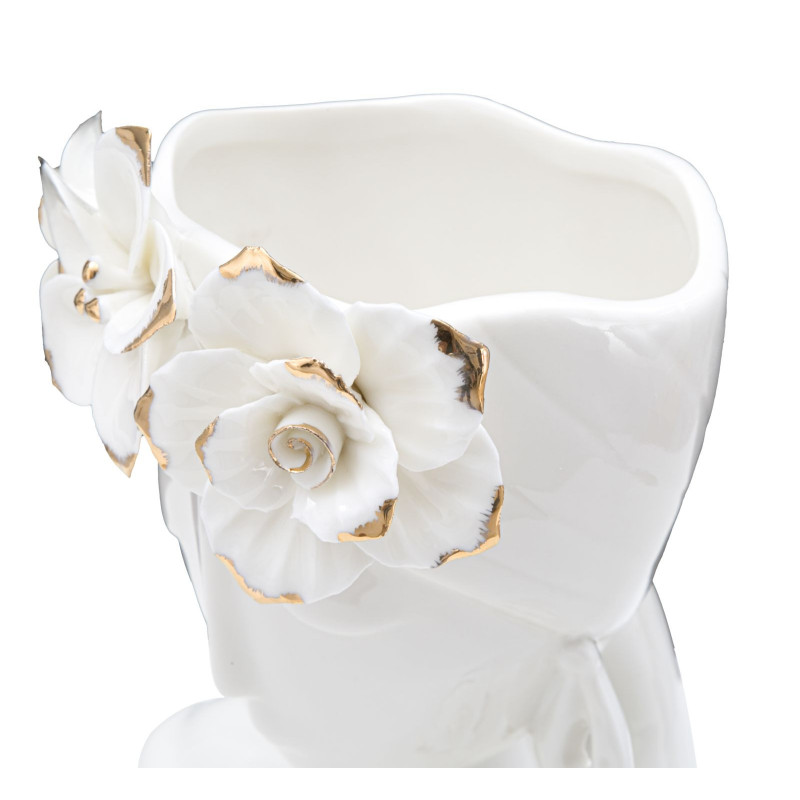 Vase original Femme avec Fleurs Rond Hauteur 21 cm en Porcelaine Blanc Doré Young Woman 