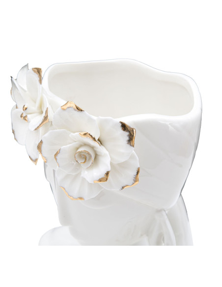 Vase original Femme avec Fleurs Rond Hauteur 21 cm en Porcelaine Blanc Doré Young Woman 