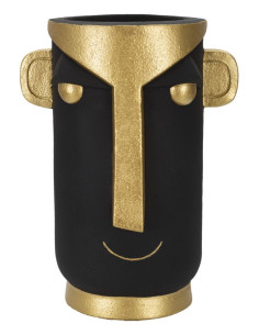 Vase original ethnique Visage Rond Hauteur 40 cm en Résine Noir Doré Tribal 