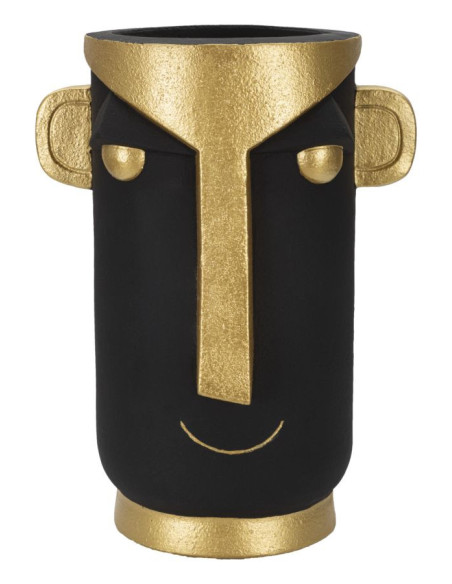 Vase original ethnique Visage Rond Hauteur 40 cm en Résine Noir Doré Tribal 
