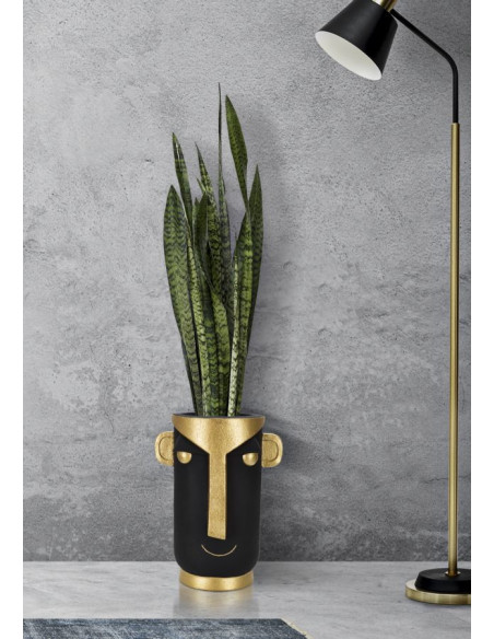 Vase original ethnique Visage Rond Hauteur 40 cm en Résine Noir Doré Tribal 