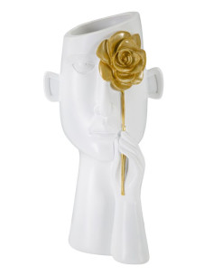 Vase moderne Visage avec fleur Rond Hauteur 27 cm en Porcelaine Blanc Doré Face Fiore 