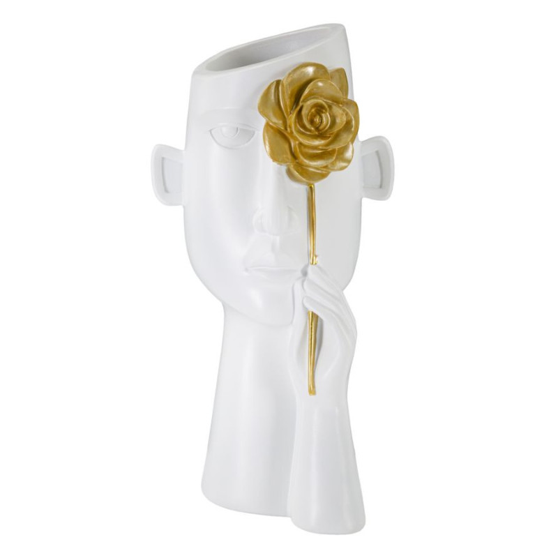 Vase moderne Visage avec fleur Rond Hauteur 27 cm en Porcelaine Blanc Doré Face Fiore 