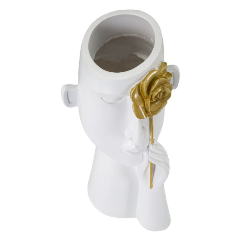 Vase moderne Visage avec fleur Rond Hauteur 27 cm en Porcelaine Blanc Doré Face Fiore 