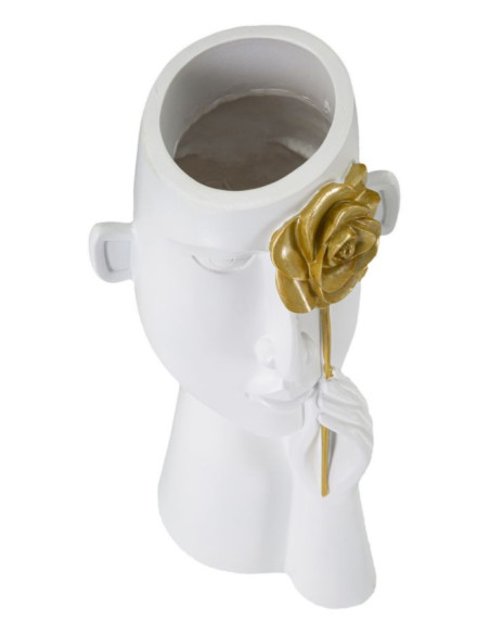 Vase moderne Visage avec fleur Rond Hauteur 27 cm en Porcelaine Blanc Doré Face Fiore 