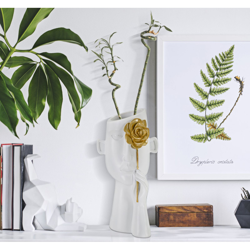 Vase moderne Visage avec fleur Rond Hauteur 27 cm en Porcelaine Blanc Doré Face Fiore 