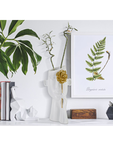 Vase moderne Visage avec fleur Rond Hauteur 27 cm en Porcelaine Blanc Doré Face Fiore 