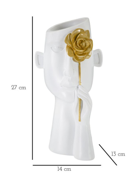 Vase moderne Visage avec fleur Rond Hauteur 27 cm en Porcelaine Blanc Doré Face Fiore 