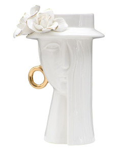 Vase original Femme avec chapeau Rond Hauteur 23 cm en Porcelaine Blanc Woman Elegant 