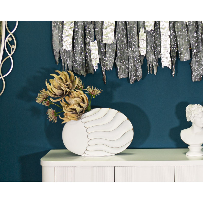 Vase original Ovale 34 cm en Résine Blanc Doré Motif lignes Lines - 2