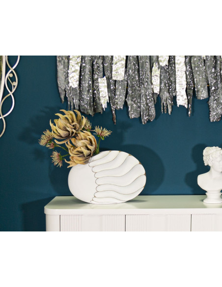 Vase original Ovale 34 cm en Résine Blanc Doré Motif lignes Lines - 2