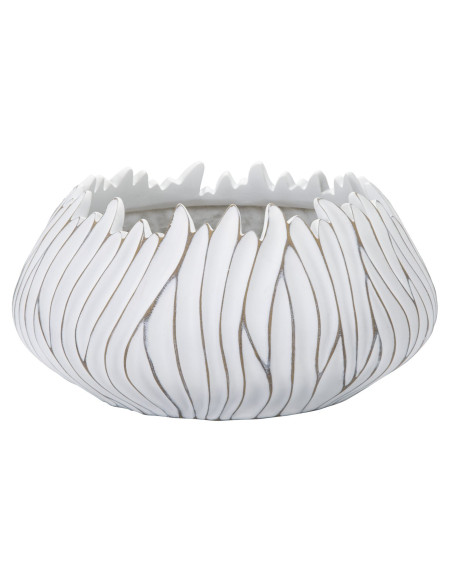 Cache pot moderne chic XXL Rond Diamètre 40 cm en Résine Blanc Doré Motif lignes Honduras 