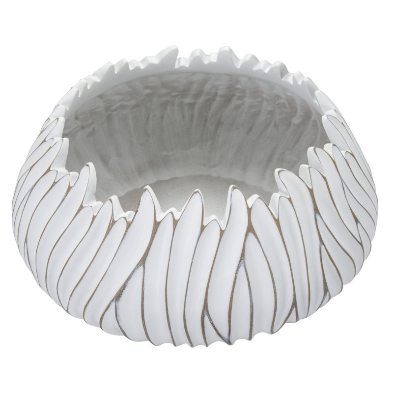 Cache pot moderne chic XXL Rond Diamètre 40 cm en Résine Blanc Doré Motif lignes Honduras 