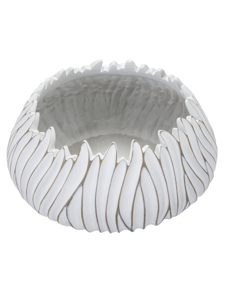 Cache pot moderne chic XXL Rond Diamètre 40 cm en Résine Blanc Doré Motif lignes Honduras 