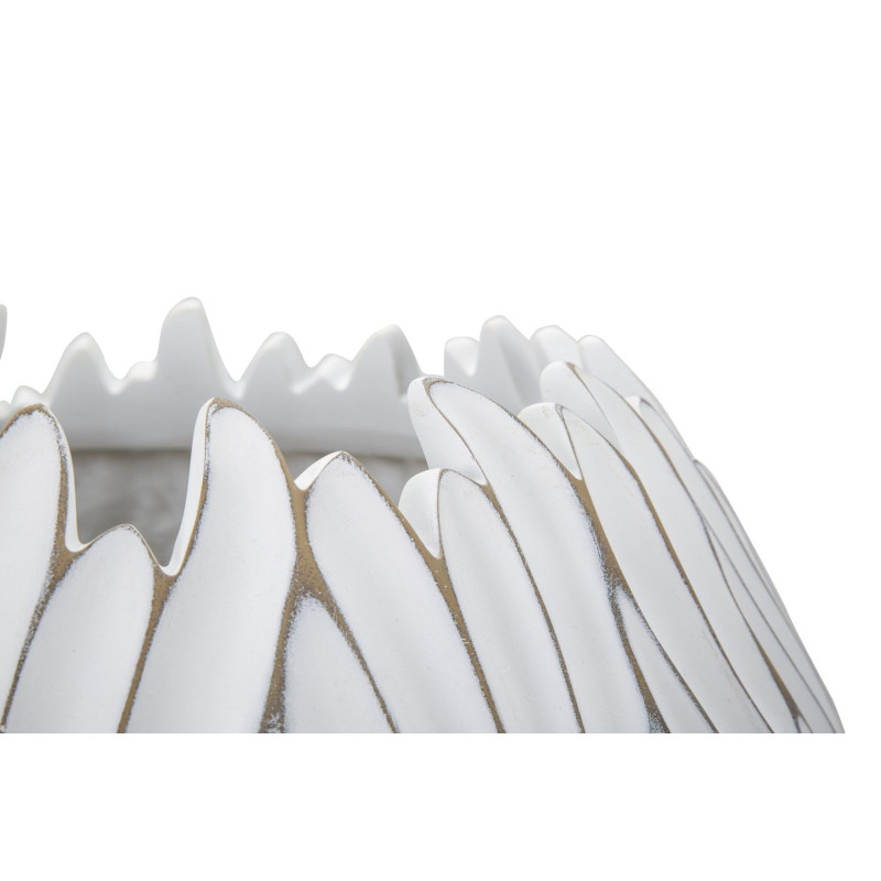 Cache pot moderne chic XXL Rond Diamètre 40 cm en Résine Blanc Doré Motif lignes Honduras 