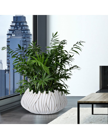 Cache pot moderne chic XXL Rond Diamètre 40 cm en Résine Blanc Doré Motif lignes Honduras 