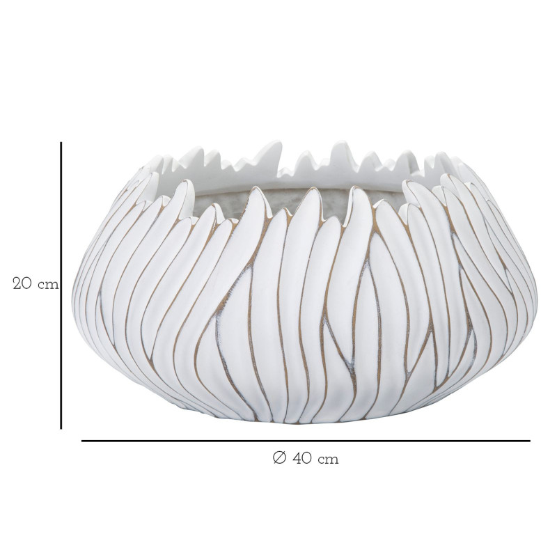 Cache pot moderne chic XXL Rond Diamètre 40 cm en Résine Blanc Doré Motif lignes Honduras 