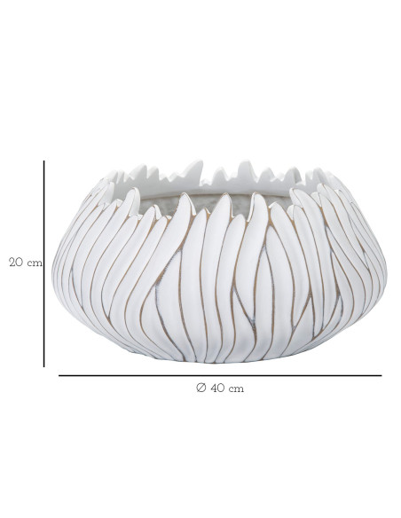 Cache pot moderne chic XXL Rond Diamètre 40 cm en Résine Blanc Doré Motif lignes Honduras 