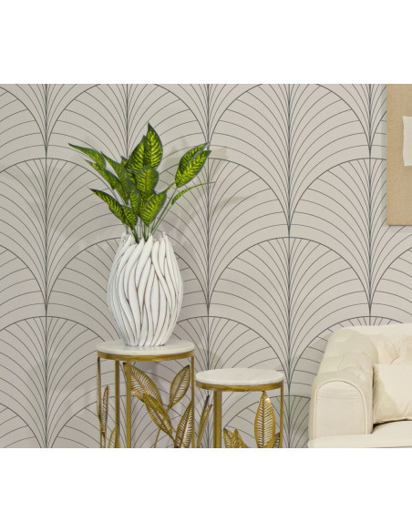 Vase moderne chic Rond Hauteur 41 cm en Résine Blanc Doré Motif lignes Honduras 