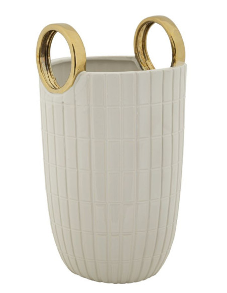 Vase original Panier avec anses Rond Hauteur 25 cm en Céramique Blanc Doré Shopping 