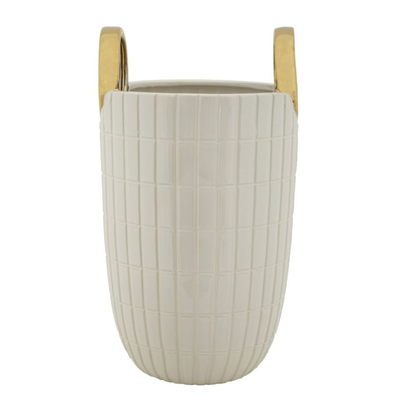 Vase original Panier avec anses Rond Hauteur 25 cm en Céramique Blanc Doré Shopping 