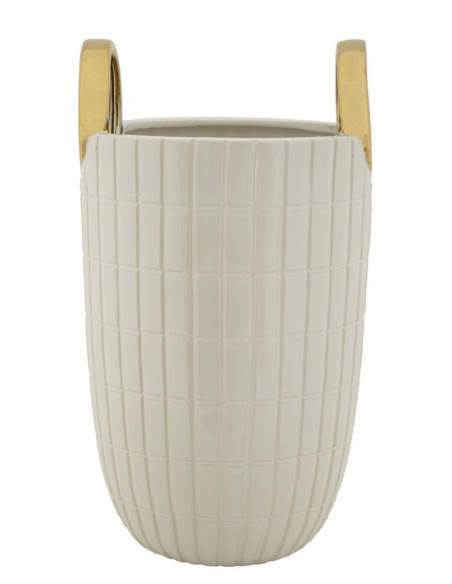 Vase original Panier avec anses Rond Hauteur 25 cm en Céramique Blanc Doré Shopping 