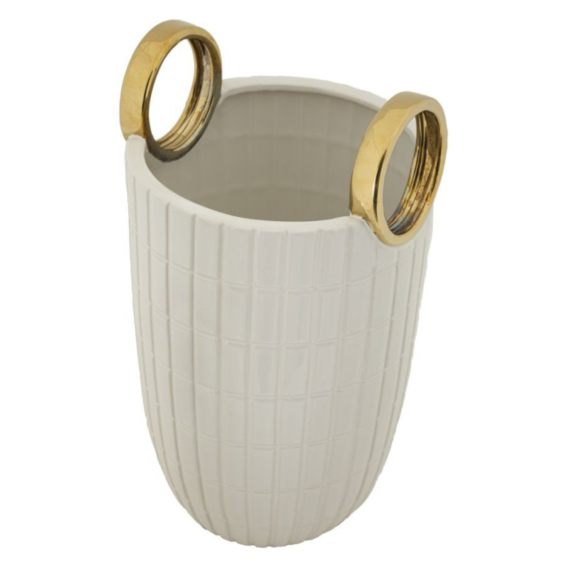 Vase original Panier avec anses Rond Hauteur 25 cm en Céramique Blanc Doré Shopping 