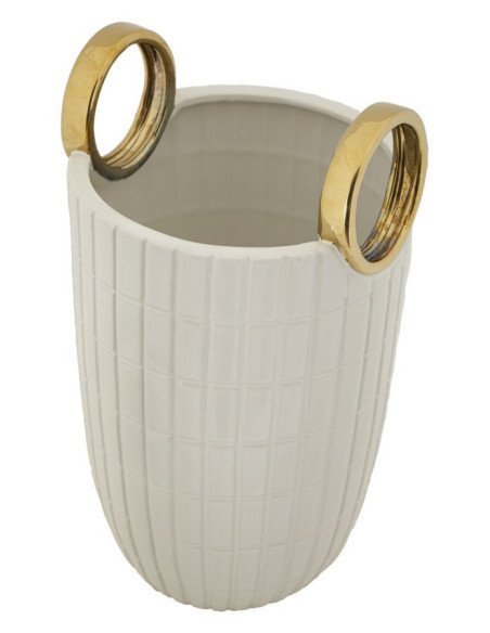 Vase original Panier avec anses Rond Hauteur 25 cm en Céramique Blanc Doré Shopping 