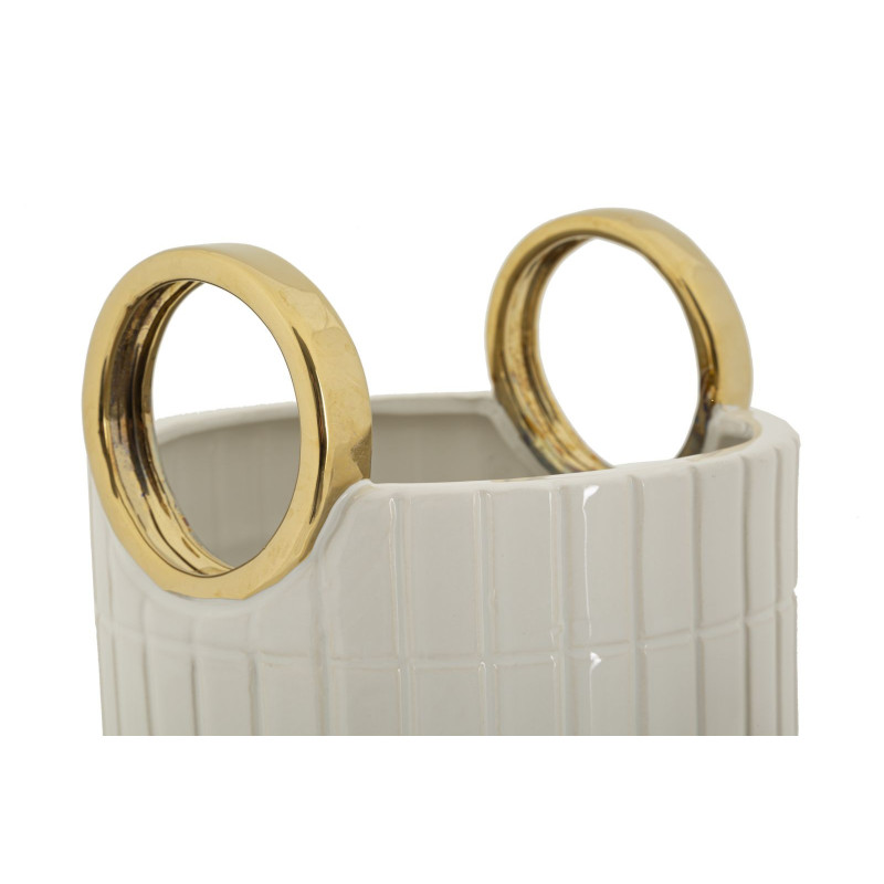 Vase original Panier avec anses Rond Hauteur 25 cm en Céramique Blanc Doré Shopping 