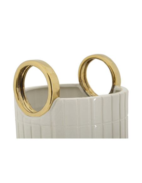 Vase original Panier avec anses Rond Hauteur 25 cm en Céramique Blanc Doré Shopping 