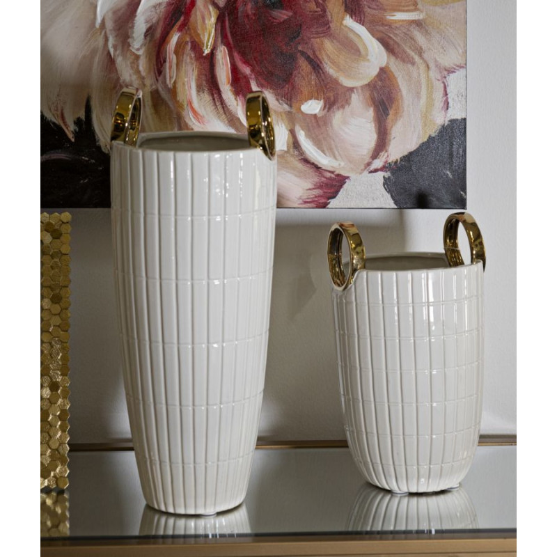Vase original Panier avec anses Rond Hauteur 25 cm en Céramique Blanc Doré Shopping 