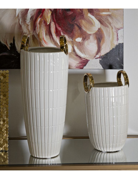 Vase original Panier avec anses Rond Hauteur 25 cm en Céramique Blanc Doré Shopping 