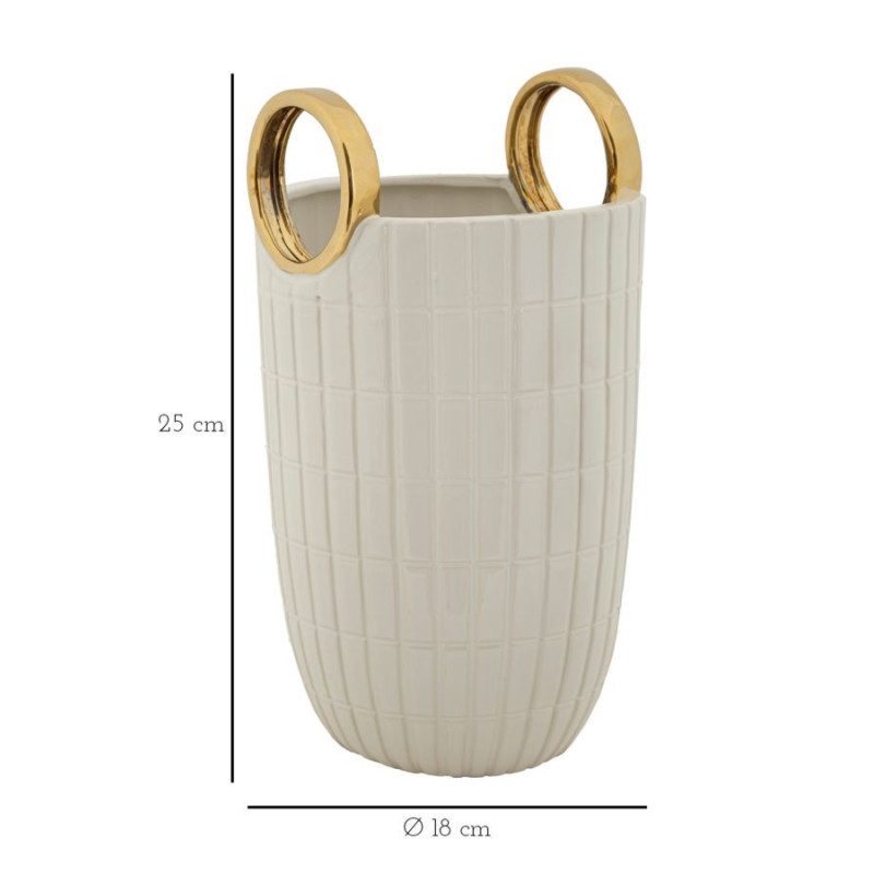 Vase original Panier avec anses Rond Hauteur 25 cm en Céramique Blanc Doré Shopping 