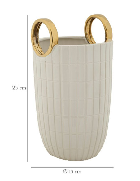 Vase original Panier avec anses Rond Hauteur 25 cm en Céramique Blanc Doré Shopping 