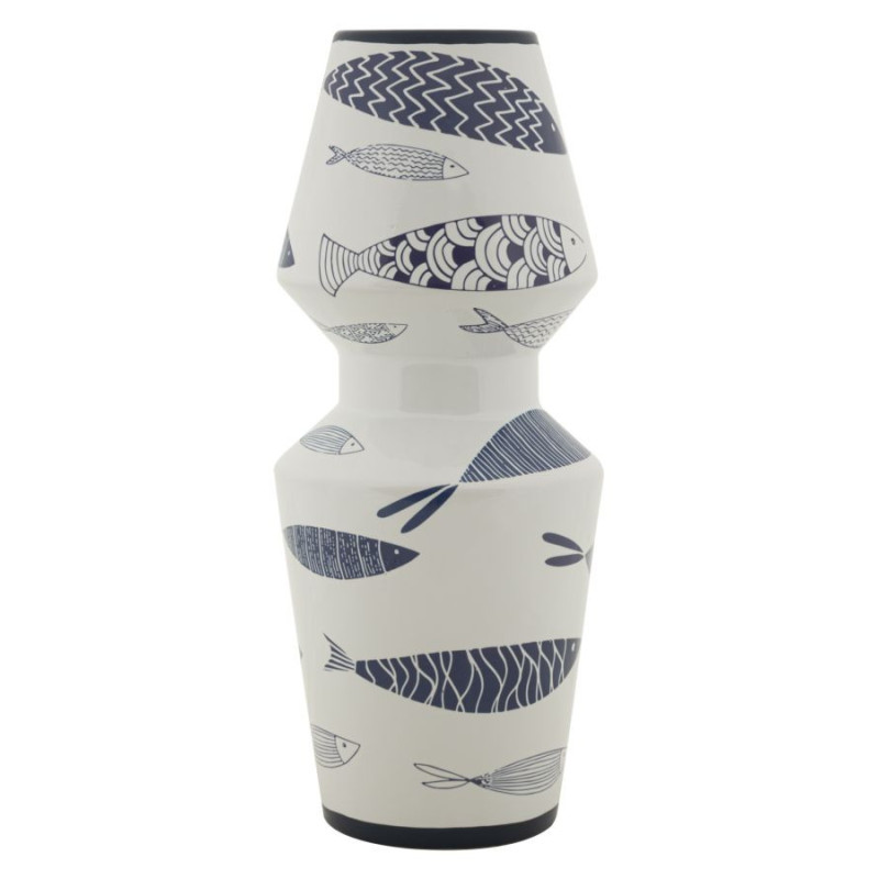 Vase design bord de mer Rond Hauteur 34 cm en Céramique Blanc Bleu Motif poissons Fish 