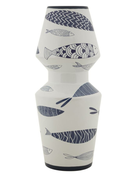 Vase design bord de mer Rond Hauteur 34 cm en Céramique Blanc Bleu Motif poissons Fish 