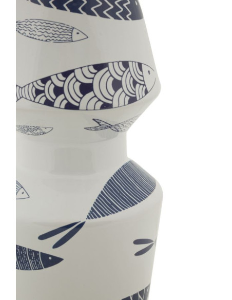 Vase design bord de mer Rond Hauteur 34 cm en Céramique Blanc Bleu Motif poissons Fish 